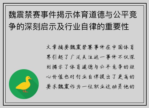 魏震禁赛事件揭示体育道德与公平竞争的深刻启示及行业自律的重要性