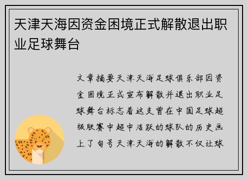 天津天海因资金困境正式解散退出职业足球舞台 天津天海因资金困境正式解散退出职业足球舞台
